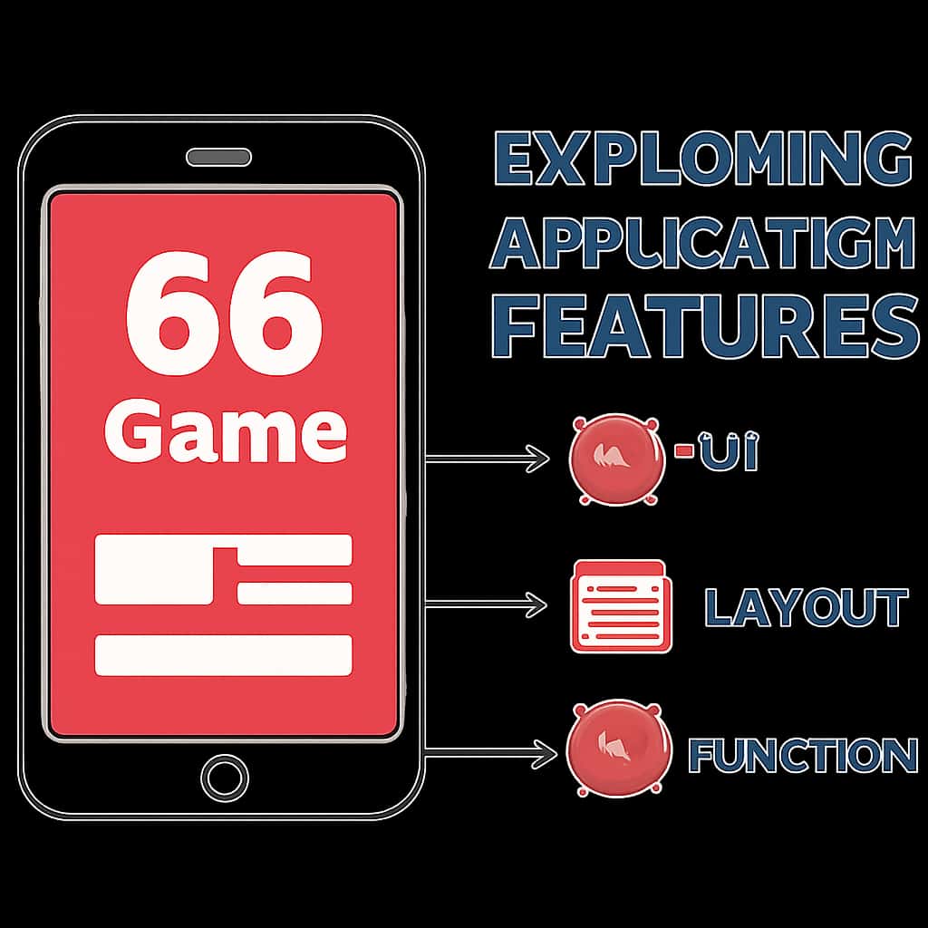 An educational diagram illustrating key features of the 66 Game application.